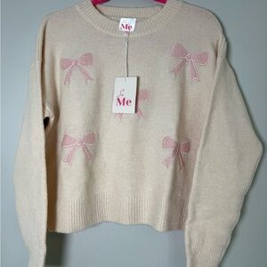 So Me Women's Cream Super Soft Sweater with Pink Bow Details